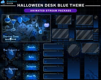 May include: A digital art package with a Halloween theme. The design features a dark blue color scheme with various animated elements. The package includes overlays, panels, and a "Starting Soon" screen with a skull icon. Text includes "Youtube", "Rules", "Instagram", and "About Me".