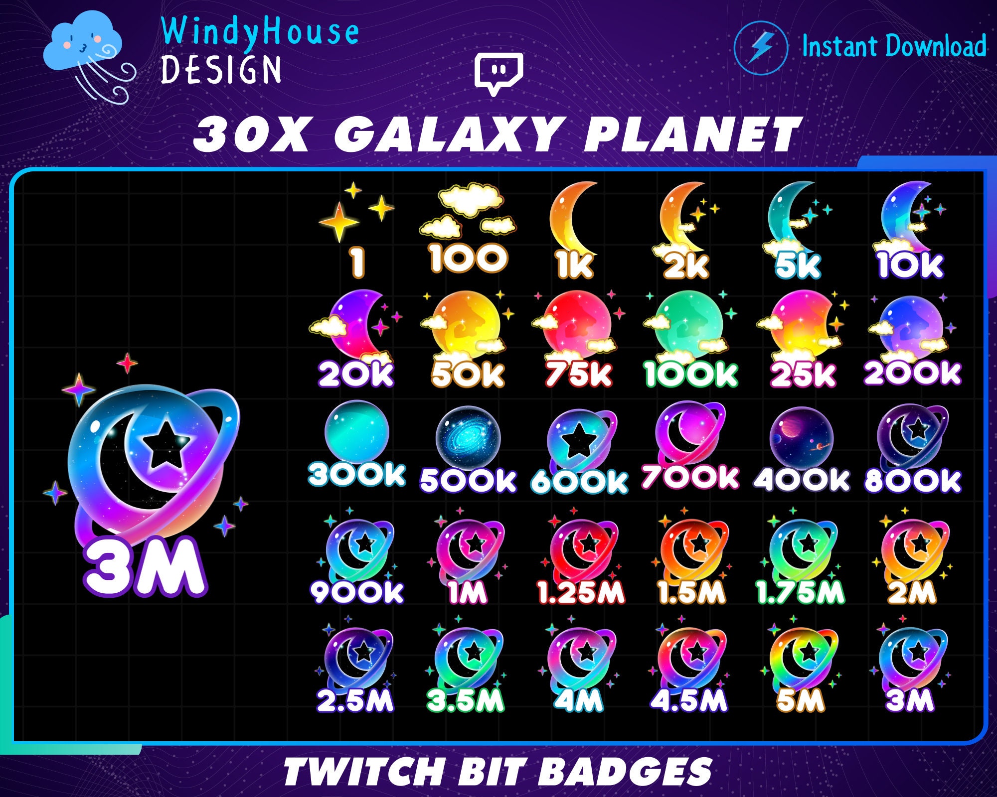 30x Galaxy Planets Twitch Bit Badges, Moon Sub Badges for Streamers, YouTubers & Discord