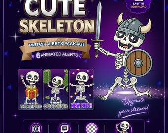 Animated Cute Skeleton Stream Alerts Pack, Skeleton Twitch Alerts Bundle with Raid Alert & Bonus Emotes for Twitch Discord Kick (WEBM GIF)