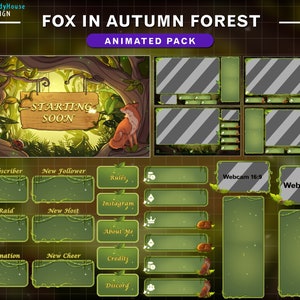 Animated Stream Overlay Fox In Autumn Forest, Fall Twitch Overlay with Leaves Falling, Green Twitch Layout