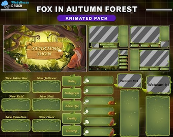Animated Stream Overlay Fox In Autumn Forest, Fall Twitch Overlay with Leaves Falling, Green Twitch Layout