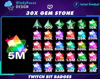 May include: A set of 30 Twitch bit badges featuring a colorful gem design. The badges range from 1 to 5 million bits. The text "30X GEM STONE" and "TWITCH BIT BADGES" are displayed at the top and bottom of the image.