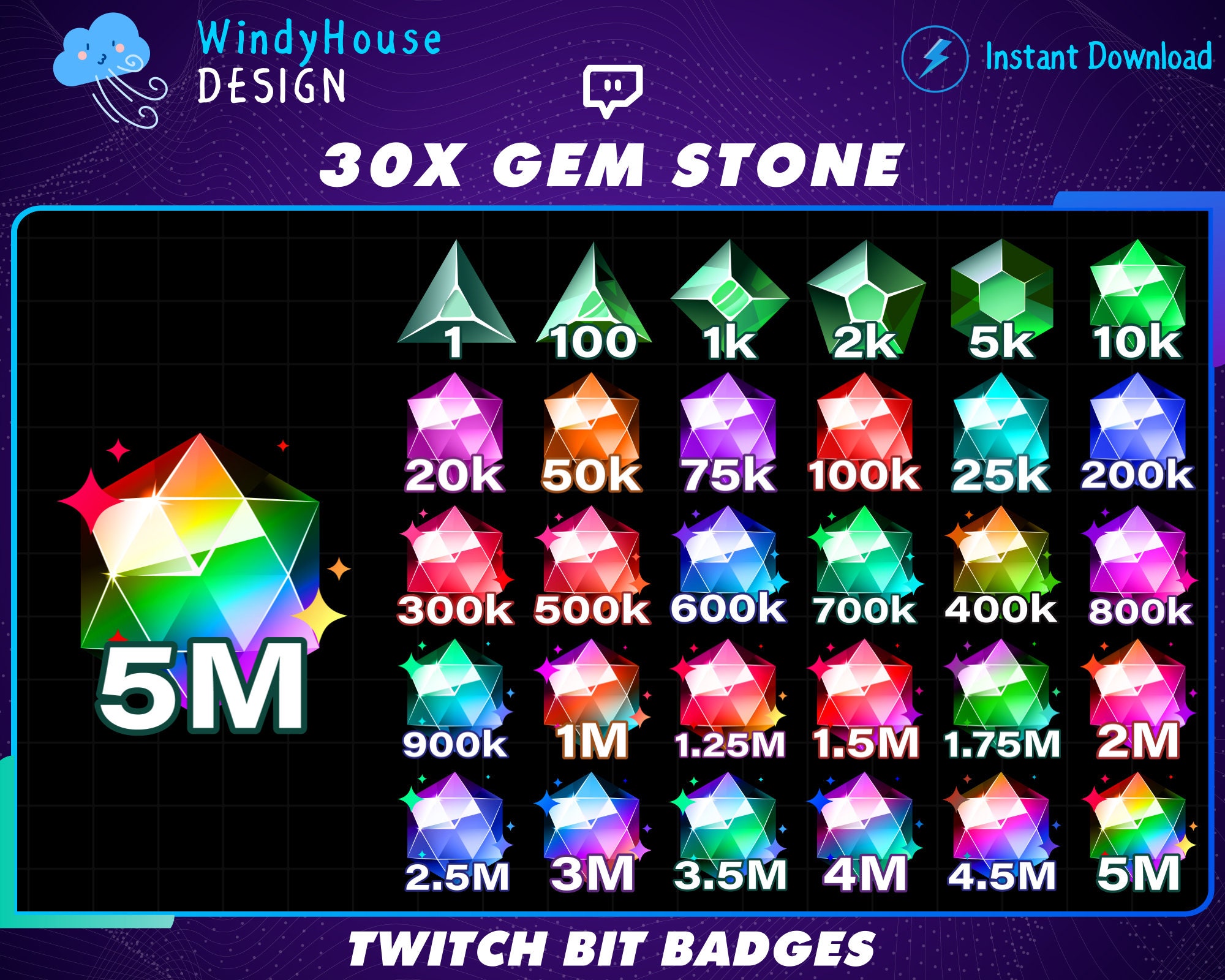 30x Gems Stone Twitch Bit Badges / Complete Twitch Bit Badges Set/ Twitch Tier Badges / Stone Sub Badges / Number Bit Badge / Gamer Graphics