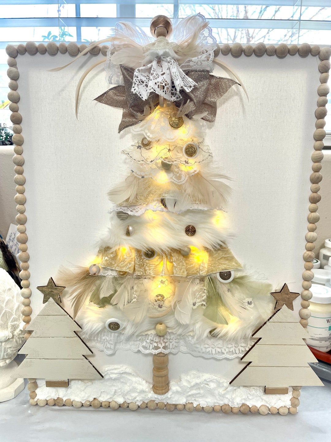 White Fur Ribbon Tree Light up Canvas Diamond Dust Snow Scene Laced