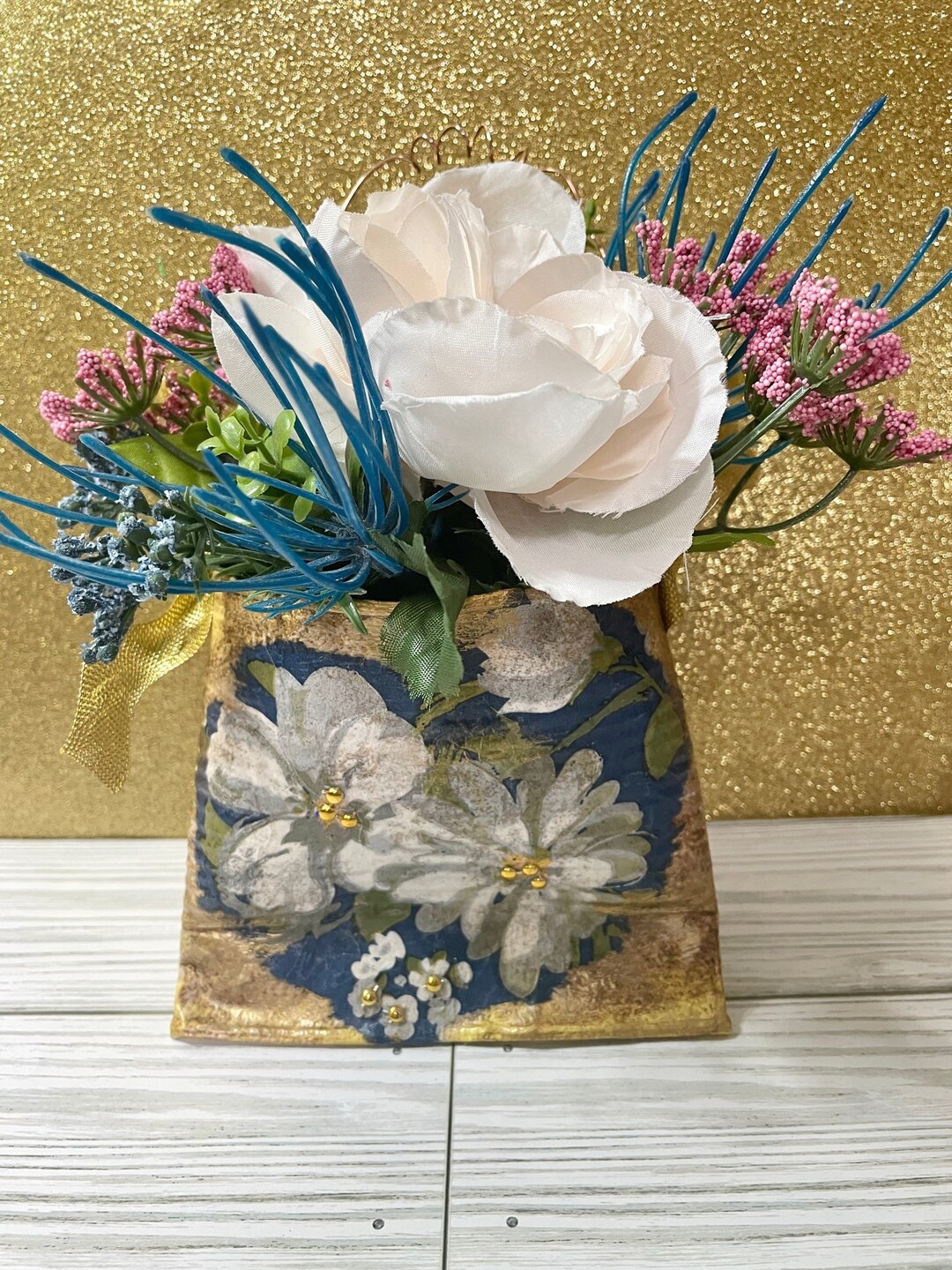 Tin Can Distressed Pocket Posey Silk Flower Plant Soup Can Upcycled