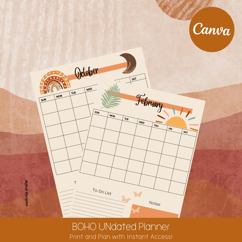 BOHO Undated Planner Printable Calendar Etsy