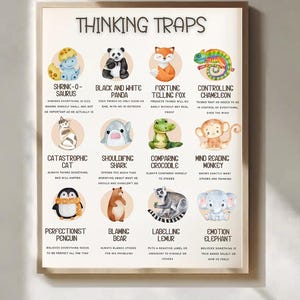 May include: A framed print titled "Thinking Traps" features cartoon animals representing cognitive distortions. Each animal is paired with a description of the trap, such as the "Shrink-O-Saurus" and "Black and White Panda". The print is designed to help identify and understand common thought patterns.