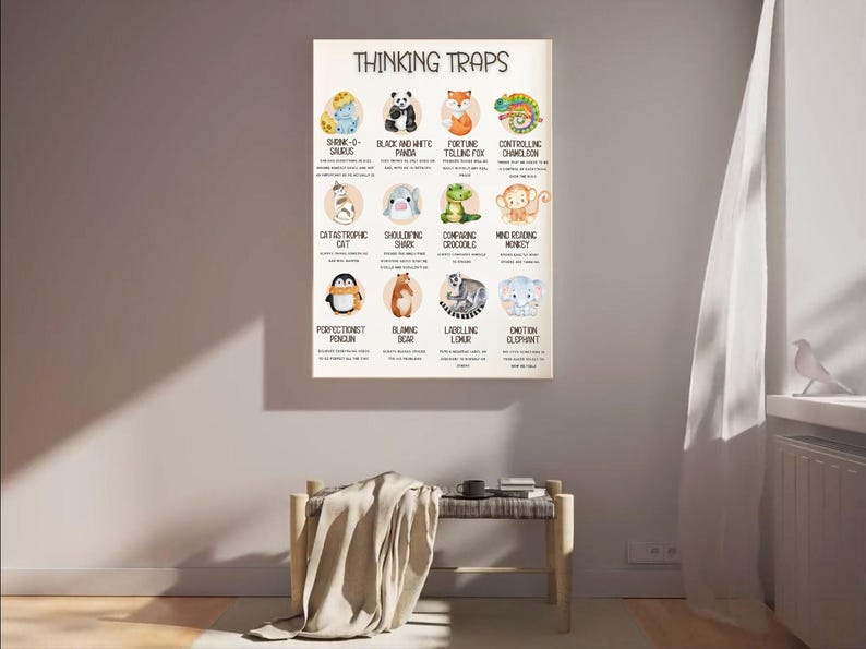 Rectangle Saurus Therapy Poster, Cognitive Distortions, Mental Health Wall Art, Office ...