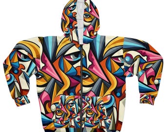 Abstrakter Kubisches Gesicht-Zip Hoodie | Bunter geometrischer All-Over Print