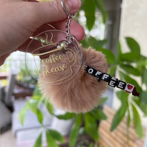 Coffee Please Schlüsselbund, Brauner Schlüsselbund, Kaffee Schlüsselbund, Quasten Schlüsselbund, Perlen Schlüsselbund, Handgemachter Schlüsselbund, Pom Pom Schlüsselbund