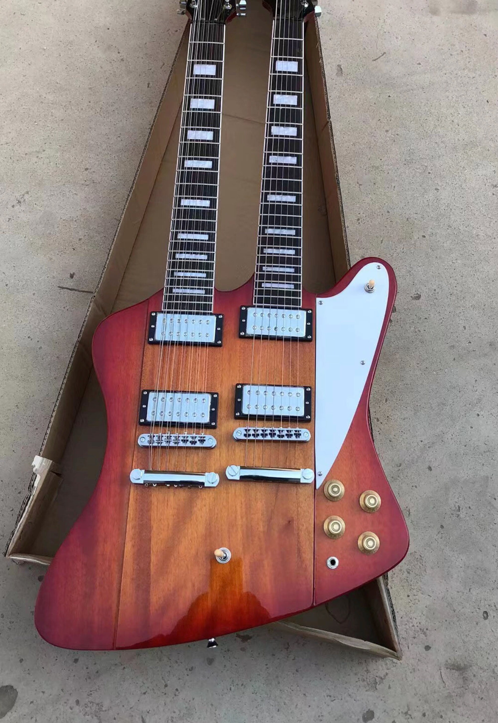 Amazing 14 7 String Double Neck Gibson Firebird Inspired Electric Guitar feat High Output Pickups Mahogany Body Ebony Fretboard