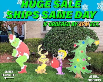 Grinch Stealing Lights Yard Decoration: 4ft Left Facing Grinch Max, Cindy Lou Who, Tree Combo