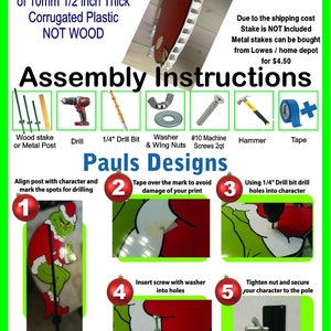 May include: Assembly instructions for a Grinch character yard decoration. The instructions show how to attach the character to a wood or metal post using a drill, screws, washers, and tape. The instructions are numbered 1 through 5.
