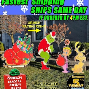 May include: A set of three handcrafted yard signs featuring the Grinch, Cindy Lou Who, and Max the dog. The signs are made of wood and painted in bright colours. The Grinch sign is green and red, Cindy Lou Who is pink and white, and Max is yellow and brown. The signs are all standing on a green lawn. The text on the signs reads "Grinch Max & Cindy Sled", "Handcrafted Yard Signs", and "Best Products 5 Rating".