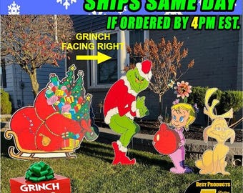 Grinch Christmas Yard Decor: 4ft Sleigh, Right Facing Grinch Max, Cindy Lou Who   Right, 4ft Sled, MAX , Cindy  ONLY