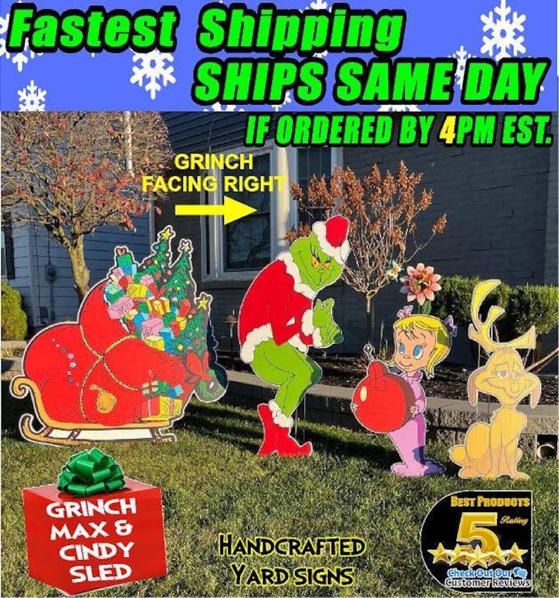May include: A set of three handcrafted yard signs featuring the Grinch, Cindy Lou Who, and Max the dog. The signs are made of wood and painted in bright colours. The Grinch sign is green and red, Cindy Lou Who is pink and white, and Max is yellow and brown. The signs are all standing on a green lawn. The text on the signs reads "Grinch Max & Cindy Sled", "Handcrafted Yard Signs", and "Best Products 5 Rating".