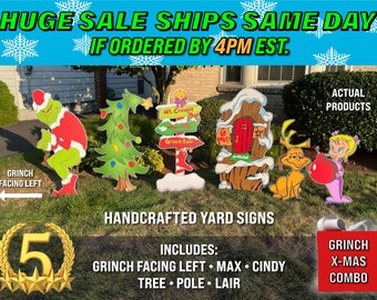 Grinch Christmas Yard Sign Set: 4ft Left Facing Grinch,  Max, Cindy Lou Who, Tree, Lair, Pole  Only
