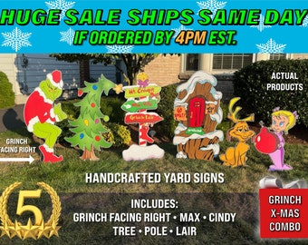 Huge 6-piece Combo Grinch Stealing Christmas Light 4ft RIGHT Facing Grinch + Max The Dog + Cindy Lou Who + TREE + Whoville Lair + Pole COMBO