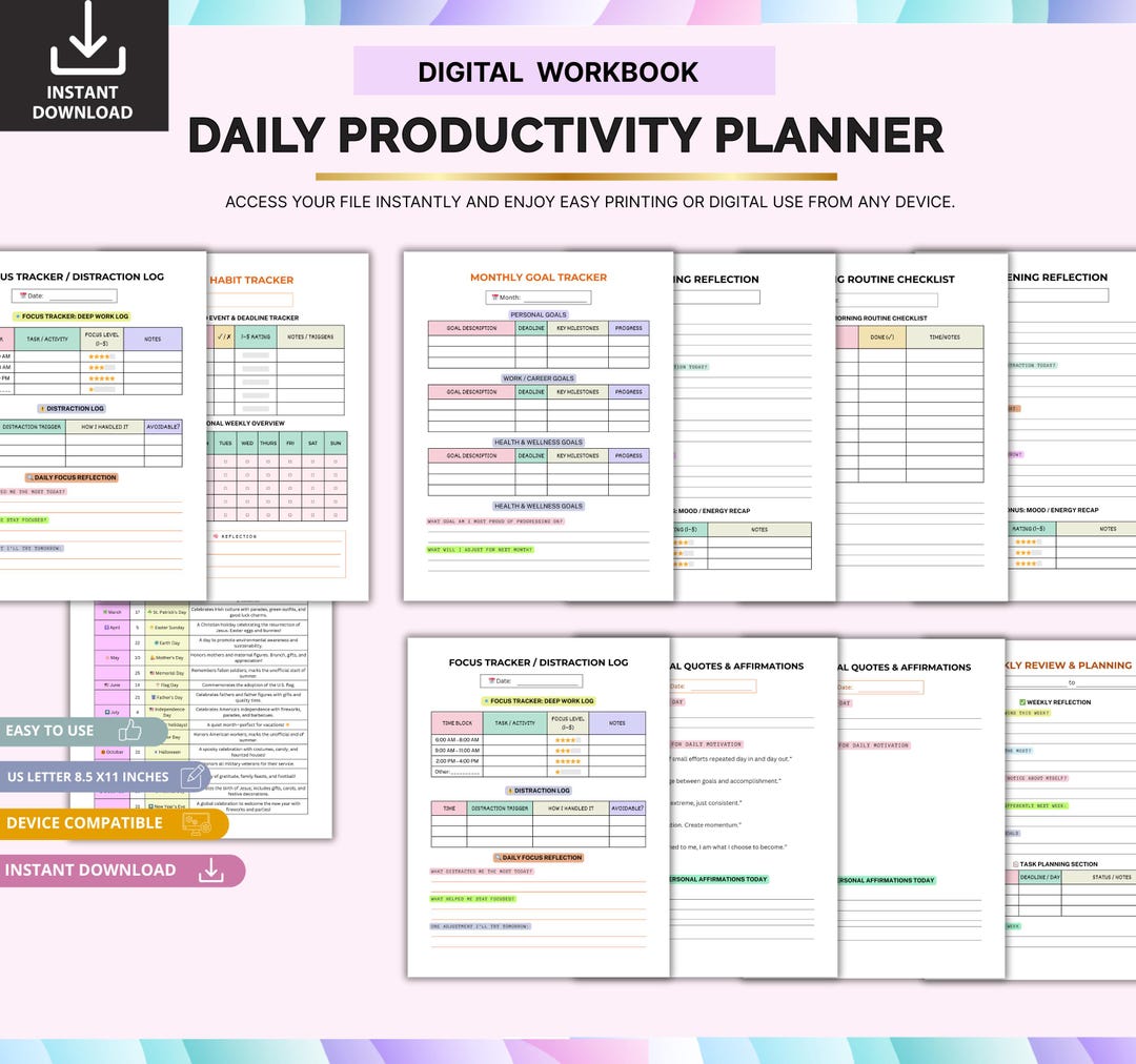 Daily Productivity Planner Printable | Digital Workbook PDF | Focus ...