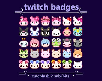 Kawaii Pixel Plushies como emblemas Sub/Bit para stream do Twitch | Emblemas fofos de gatinho, coelho, hamster, sapo e urso para streaming