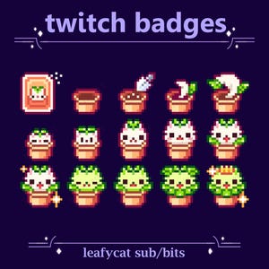 Może przedstawiać: Zestaw odznak Twitch w stylu pixel art przedstawiających rośliny doniczkowe z kocimi twarzami. Odznaki przedstawiają różne etapy wzrostu roślin, od sadzonek do dojrzałych roślin, z tekstem "twitch badges" i "leafycat sub/bits".
