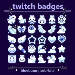 Può includere: Una collezione di badge Twitch pixelati in bianco e blu, con vari design come conigli, ali, stelle e cuori. I testi "twitch badges" e "bluebunny sub/bits" sono visualizzati su uno sfondo blu scuro.