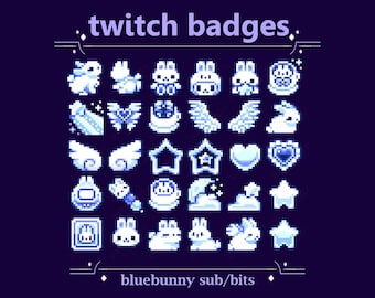 Celestial Sky Bunny Twitch Sub Badges for Streaming | Pretty Cosmic and Dreamy Magical light blue Rabbit with Stars, Wings, Moon, Clouds