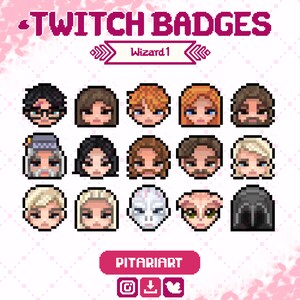 Może przedstawiać: Zestaw 12 odznak profilowych Twitch z pikselowymi portretami różnych osób. Odznaki są wyświetlane w siatce z tekstem "TWITCH BADGES" i "Wizard 1" u góry. Tekst "PITARART" znajduje się na dole obrazu.