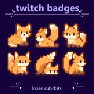 Puede incluir: Seis insignias de zorro de pixel art para Twitch. Las insignias están en diferentes poses, incluyendo sentado, de pie y acurrucado. Los zorros son de color naranja con detalles blancos. El texto "twitch badges" está en la parte superior de la imagen, y el texto "foxes sub/bits" está en la parte inferior.