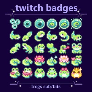 Könnte beinhalten: Ein Satz von 25 Pixel-Art Twitch-Badges mit Fröschen in verschiedenen Entwicklungsstadien, von Kaulquappen bis zu ausgewachsenen Fröschen, wobei einige Seerosen tragen und andere auf Seerosen sitzen. Der Text "twitch badges" befindet sich oben im Bild und "frogs sub/bits" unten.