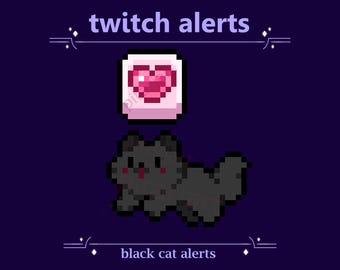 Black Cat Alerts as Twitch Streaming Assets | Cute Kitty Jumping, Buttons with Heart, Star, Dollar Sign for Gifters, Subscribers, Donations