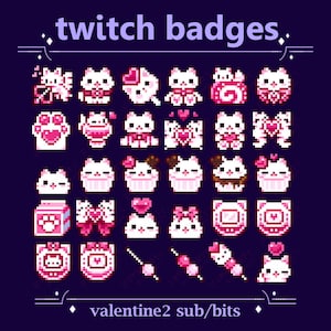 Insignias de gatito adorable de San Valentín con corazón de amor para subtítulos/bits para stream: gatito rosa, rojo y kawaii con lazos, alas, patita y leche de gato (99 insignias)