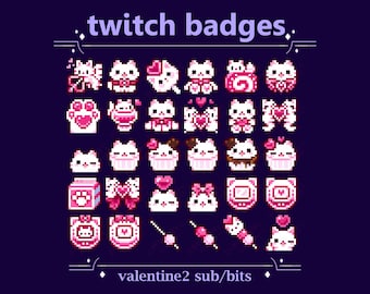 Pretty Valentine Cutie Kitten Love Heart Sub/Bit Badges for Stream | Pink, Red, Kawaii Kitten with Bows, Wings, Paw and Cat Milk (99 badges)
