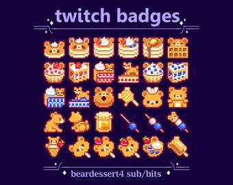 Cute Bear Dessert Cafe Waffle Sub & Bit Badges for Twitch streaming | Brown Pixel Teddy Bear Waffle, Pancakes, Cookies, Baked Treats Badge
