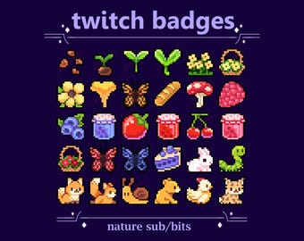 Nature and Animals Sub/Bit Badges | Cute Naturecore Cottagecore Pixel Badges to use as Twitch loyalty Stream badges | Twitch Graphics