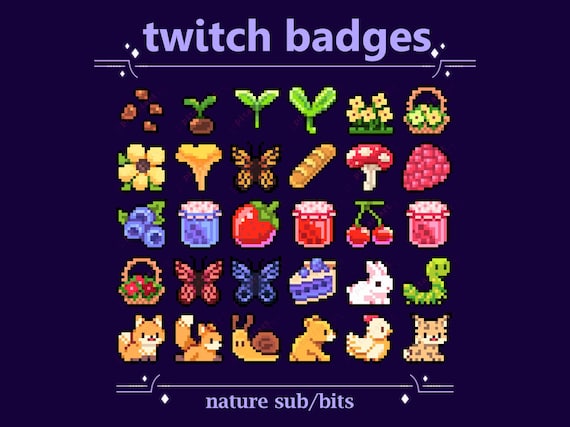 Nature and Animals Sub/Bit Badges | Cute Naturecore Cottagecore Pixel Badges to use as Twitch loyalty Stream badges | Twitch Graphics