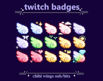 Kawaii Chibi Wings Sub/Bit Badges for Twitch stream | Cute Colorful & Rainbow Wings with Hearts, Crown, Stars, Cloud, Diamond for Streaming
