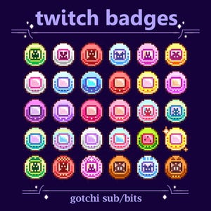 Op de afbeelding: Een raster van 36 kleurrijke pixel art-badges met verschillende ontwerpen, waaronder harten, sterren en andere geometrische vormen. De badges zijn gerangschikt in een 6x6-raster en zijn allemaal even groot. De tekst "twitch badges" staat bovenaan de afbeelding, en de tekst "gotchi sub/bits" staat onderaan.
