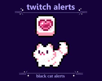 White Cat Alerts as Twitch Streaming Assets | Cute Kitten Jumping, Buttons with Heart, Star, Dollar Sign for Gifters, Subscribers, Donations