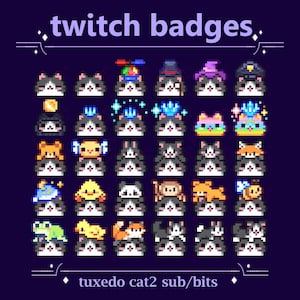 Tuxedo Kitten Sub Badges with Hats, Animals, Bear, Dog, Duck for Twitch stream | Cute Black and White Kitty Cat Pixel Cat Bit Badges (99)
