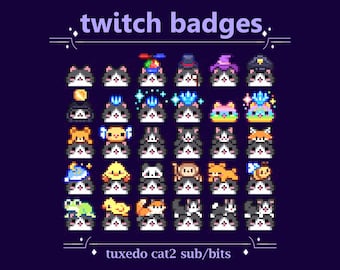Tuxedo Kitten Sub Badges with Hats, Animals, Bear, Dog, Duck for Twitch stream | Cute Black and White Kitty Cat Pixel Cat Bit Badges (99)