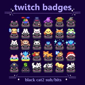 Insignias de subtítulos de píxeles de gato negro con sombreros, animales, oso, perro y pato para transmisión en Twitch / Lindas insignias de bits de gato de píxeles de gatito oscuro (105)