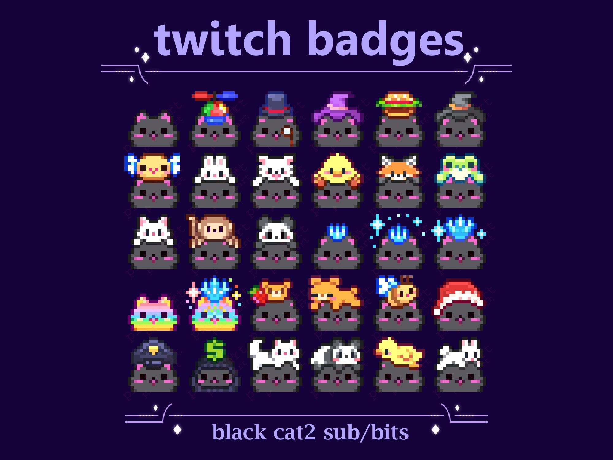 Black Cat Pixel Sub Badges with Hats, Animals, Bear, Dog, Duck for Twitch stream | Cute Dark Kitty Cat Pixel Cat Bit Badges (105)