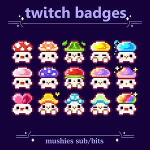Cottagecore Mushrooms Sub/Bit Badges for Twitch streaming | Cute Pixel Mushrooms Toadstool Nature Badges