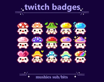 Cottagecore Mushrooms Sub/Bit Badges for Twitch streaming | Cute Pixel Mushrooms Toadstool Nature Badges