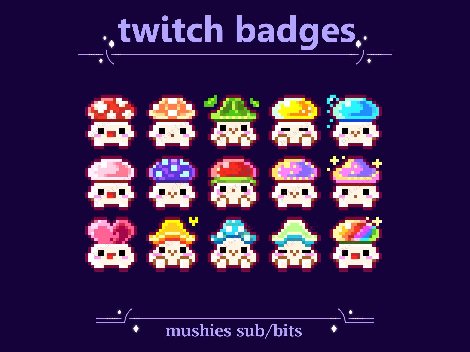 Emblemas de Sub/Bit de Cogumelos Cottagecore para streaming no Twitch | Emblemas de Natureza de Cogumelos Pixel Fofos e Cogumelos Venenosos