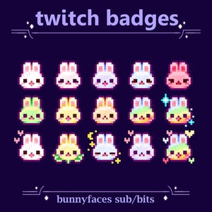Op de afbeelding: Een set van 12 Twitch-badges met pixel art van konijnen met verschillende kleuren en uitdrukkingen. De badges zijn ontworpen voor gebruik op het streamingplatform Twitch.