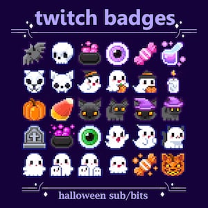 Puede incluir: Un conjunto de insignias de Twitch con temática de Halloween en pixel art. Las insignias incluyen murciélagos, calaveras, fantasmas, calabazas, caramelos de maíz, gatos negros, calderos, ojos y más. El texto dice "twitch badges" y "halloween sub/bits."