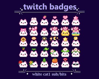 Weiße Kitty mit Blumen, Sternen, Herzen Sub Badges für Twitch | Niedliches Kätzchen Pixel Katze Bit Badges (73)