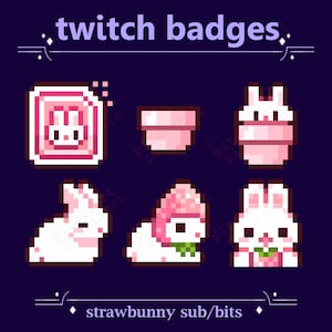 Cute Strawbunny Subscriber Badges for Twitch streaming | Pixel Rabbit Strawberry Bunny Bit Badges (6)